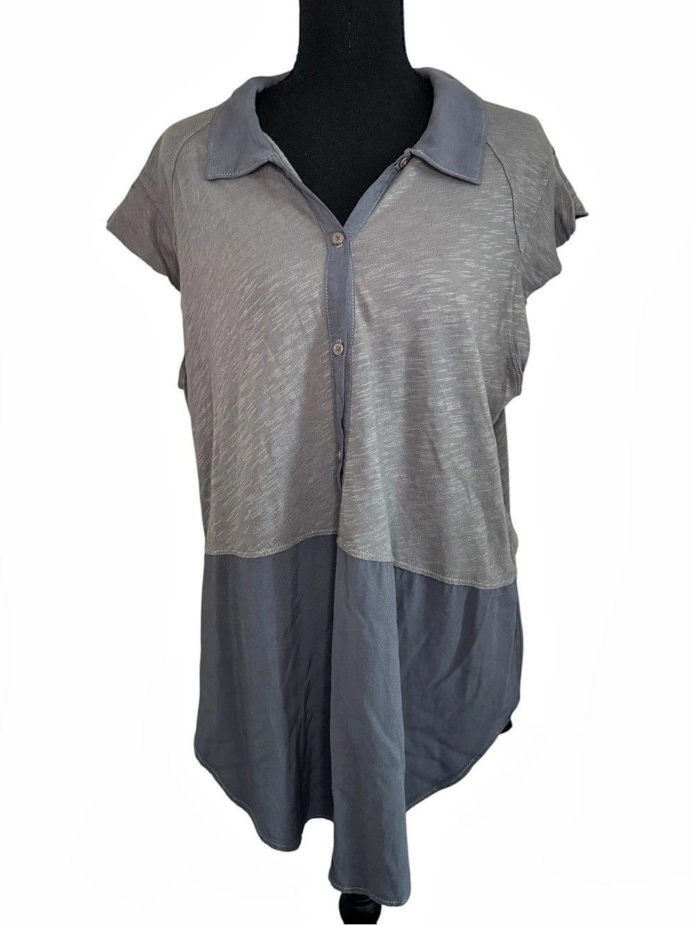 Anthropologie Left of Center Two-Tone Mixed Media Polo Shirt Top Gray XL
